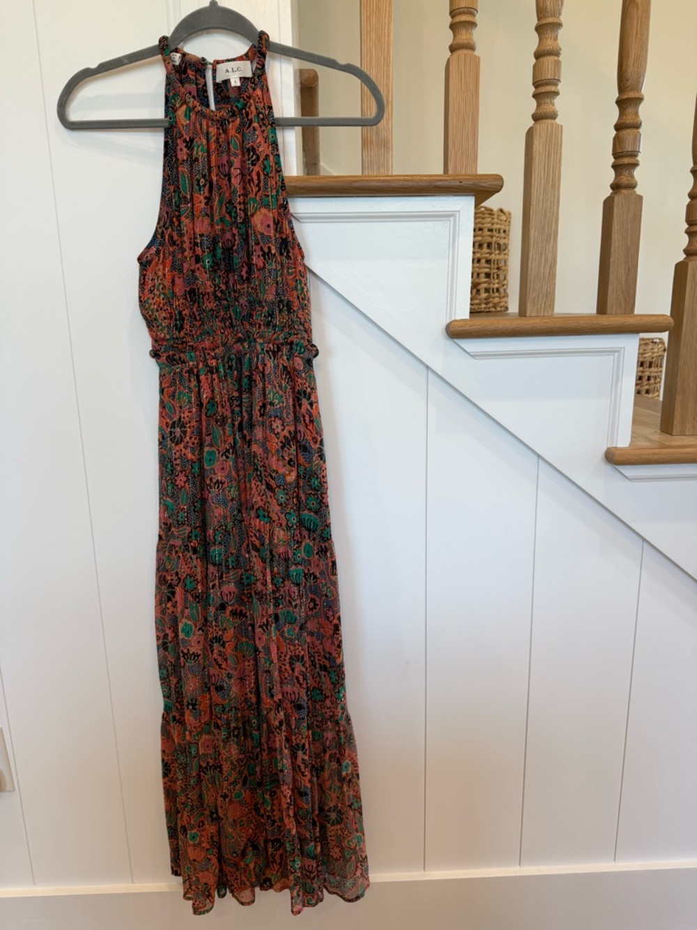 A.L.C. Elara Floral Halter Silk Maxi Dress Coral Green Metallic Stripe 0